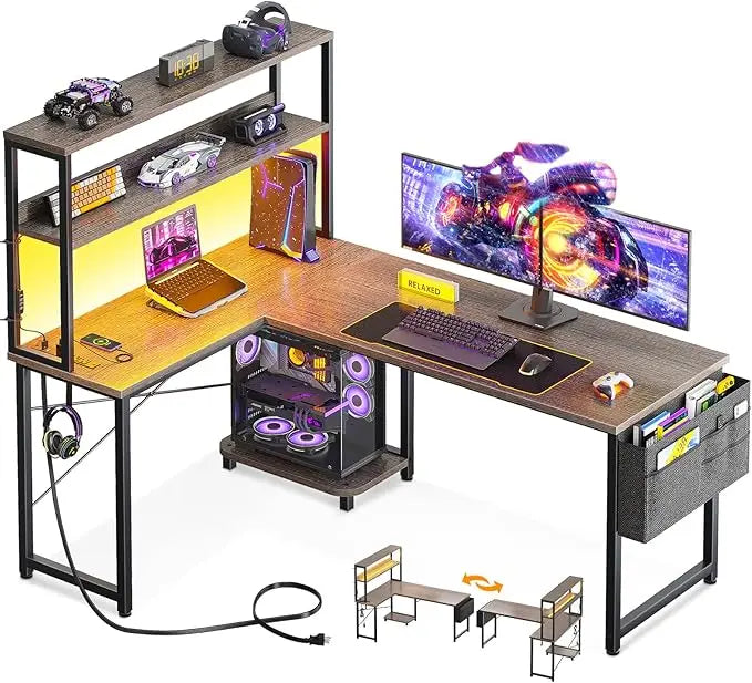 53 Inch L Shaped Desk with LED Lighting, Reversible Gaming Desk with Power Outlets, Cornor Computer Table with Storage Shelves