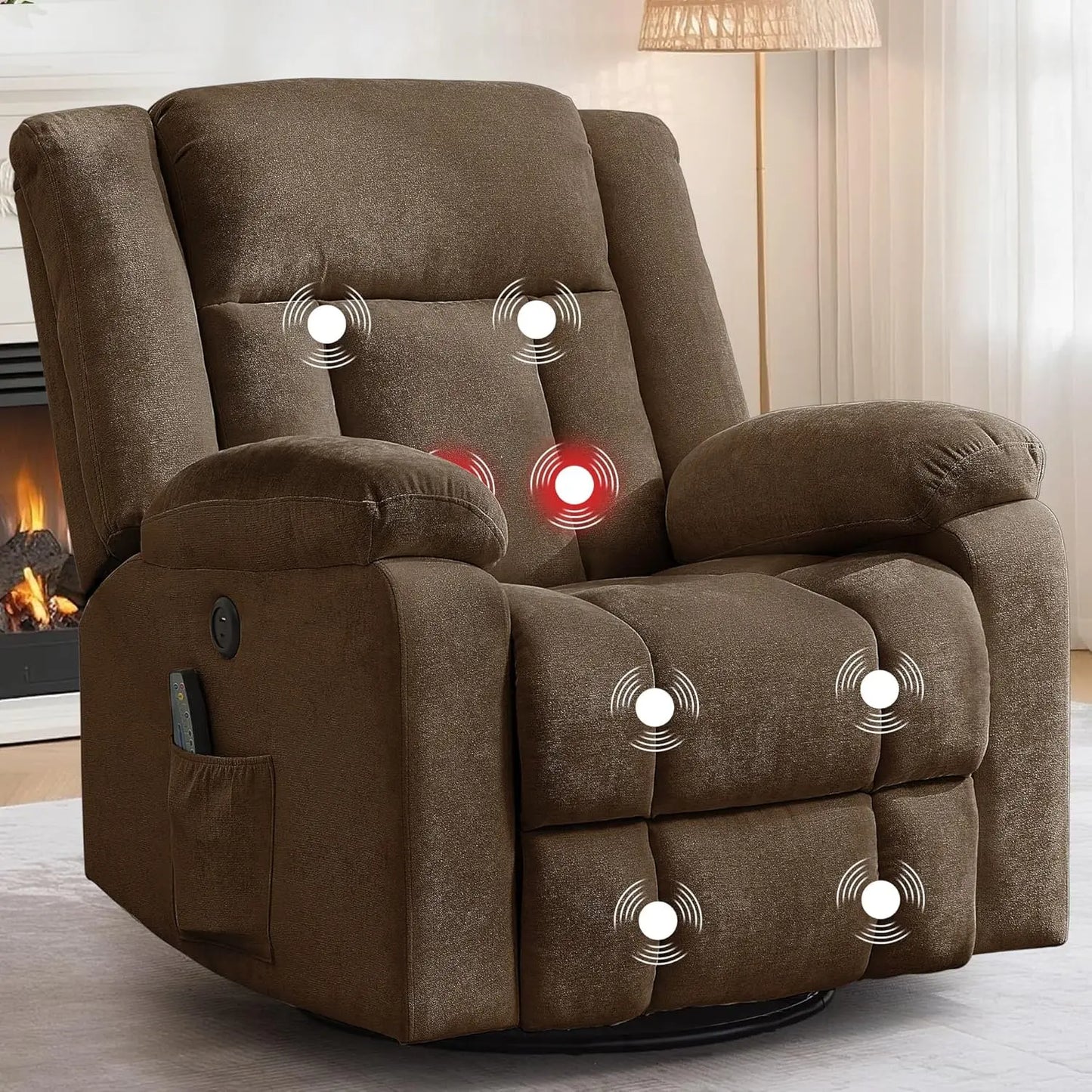 Rocker Recliner, Glider Recliner Chairs for Adults, 360° Swivel Rocking Chair with Massage and Heating, Nursery Chair with Stora