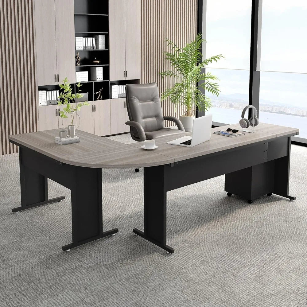 L-Shaped Executive Desk, Large Office Desk with Drawes,Industrial Corner Computer Table with File Cabinet, Business Workstation
