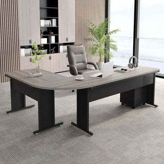 L-Shaped Executive Desk, Large Office Desk with Drawes,Industrial Corner Computer Table with File Cabinet, Business Workstation