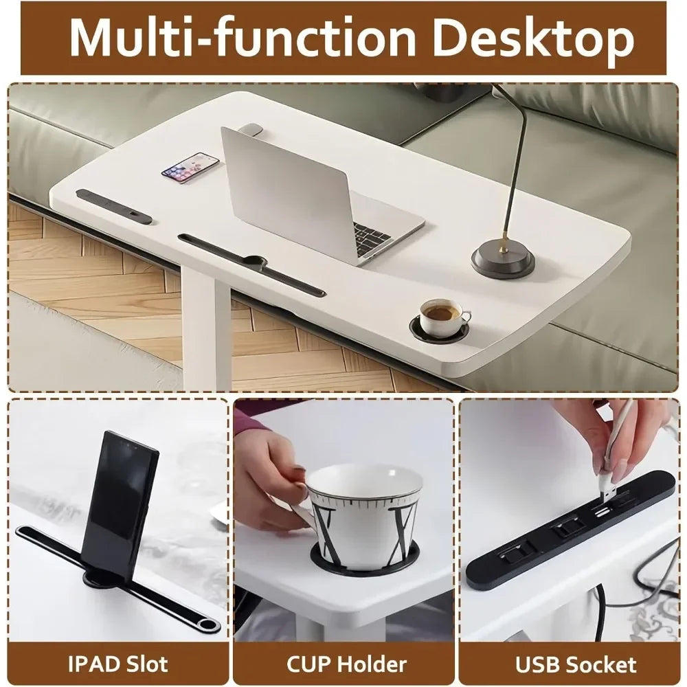 Overbed Bedside Table with Wheels, Height Adjustable Hospital Bed Table, Mobile Laptop Computer Standing Desk Cart with USB Port