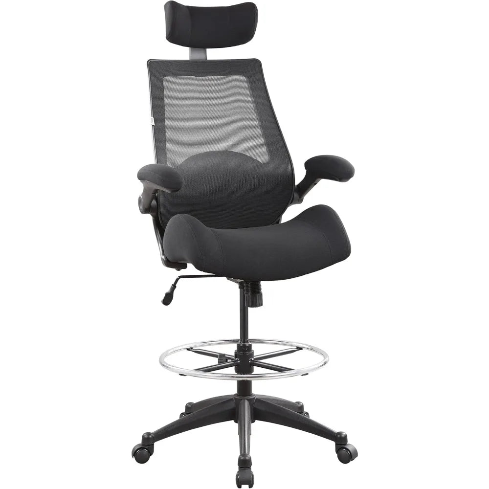 400lbs High Back Computer Office Drafting Chair Flip up Armrests Lumbar Support Adjustable Big Footrest Ring(Black)