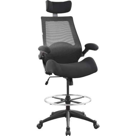 400lbs High Back Computer Office Drafting Chair Flip up Armrests Lumbar Support Adjustable Big Footrest Ring(Black)