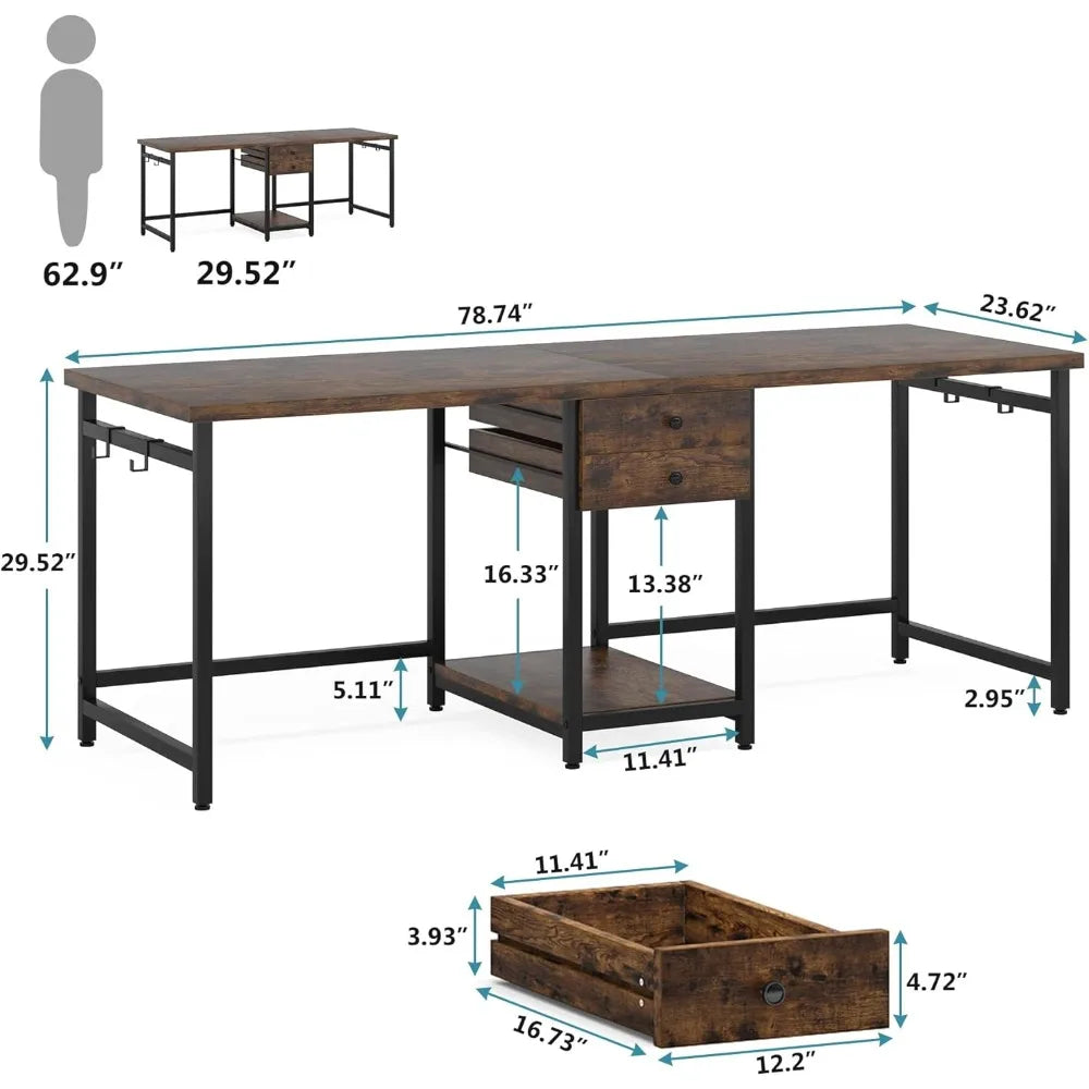 two person desk, 79 inch double desks with 2 drawers, large computer desk long desks with storage shelves, writing table study