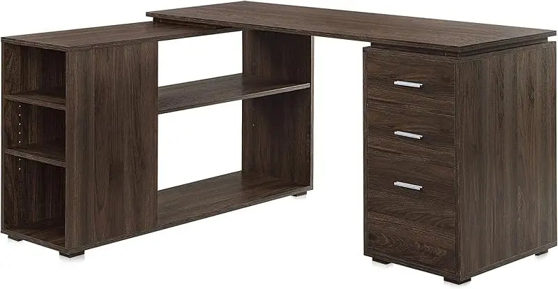 YXI L Shaped Computer Desk, 60” Study Writing Table Home Office Desk Morden Corner Workstation Setup with Shelves and 3 , CU
