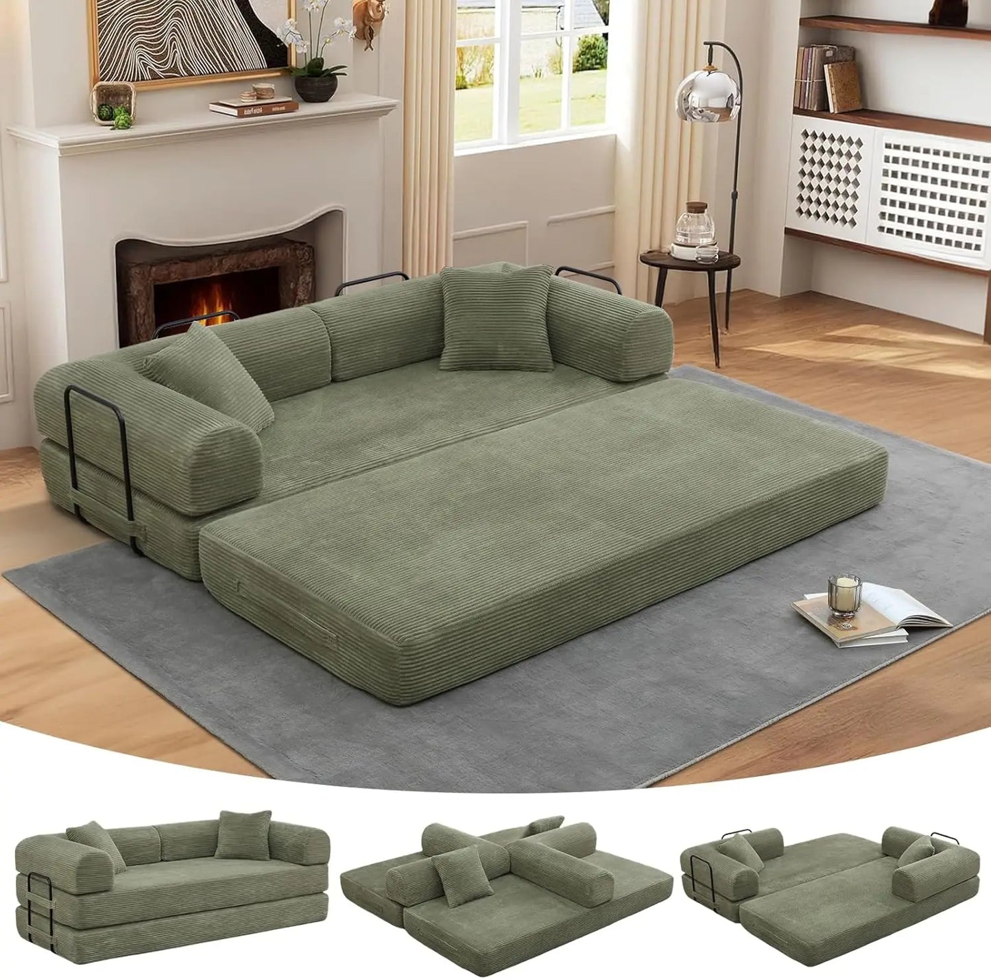 Convertible Folding Sofa Bed - Modular Floor Couch with Removable Backrest, Corduroy & Fixed-Frame