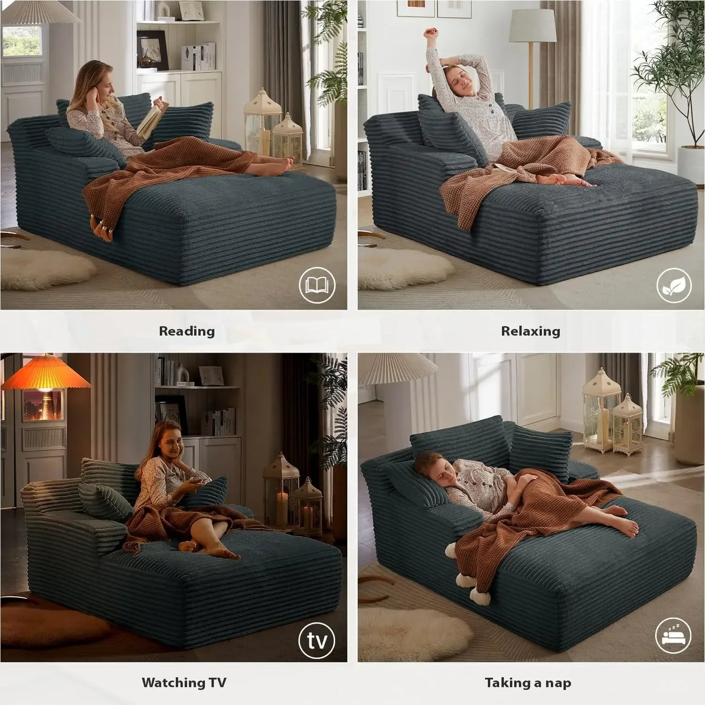 50 Inch Chaise Lounge Chair Indoor, Oversized Corduroy Upholstered Boneless Sofa Bed, Deep Seat Sleeper