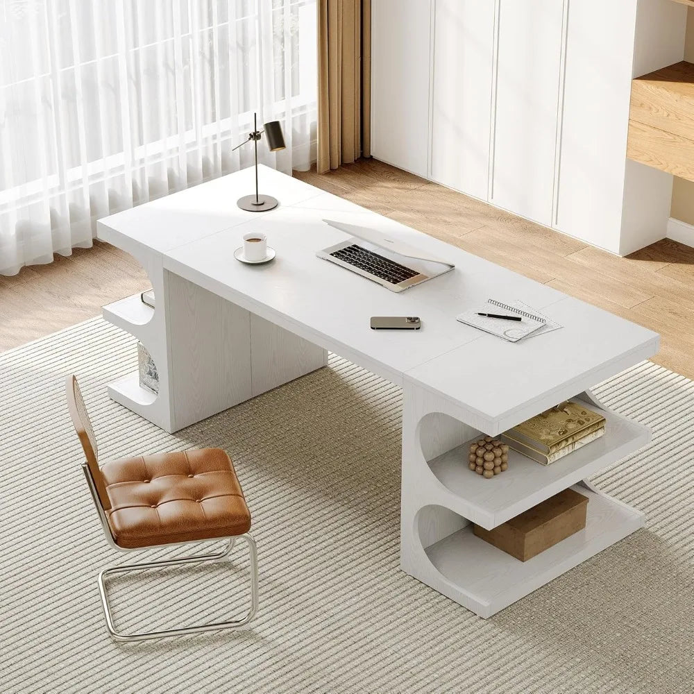62.2-Inch Executive Desk, Modern Home Office Desks, Office Table with Storage Shelves for Workspace, Large Computer Desk, Long