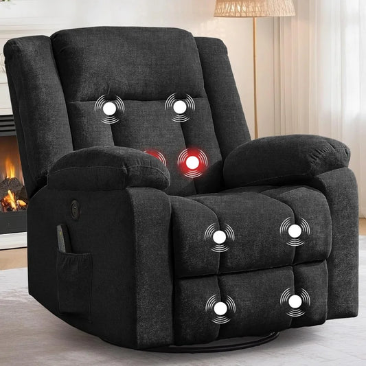 Rocker Recliner, Glider Recliner Chairs for Adults, 360° Swivel Rocking Chair with Massage and Heating, Nursery Chair with Stora