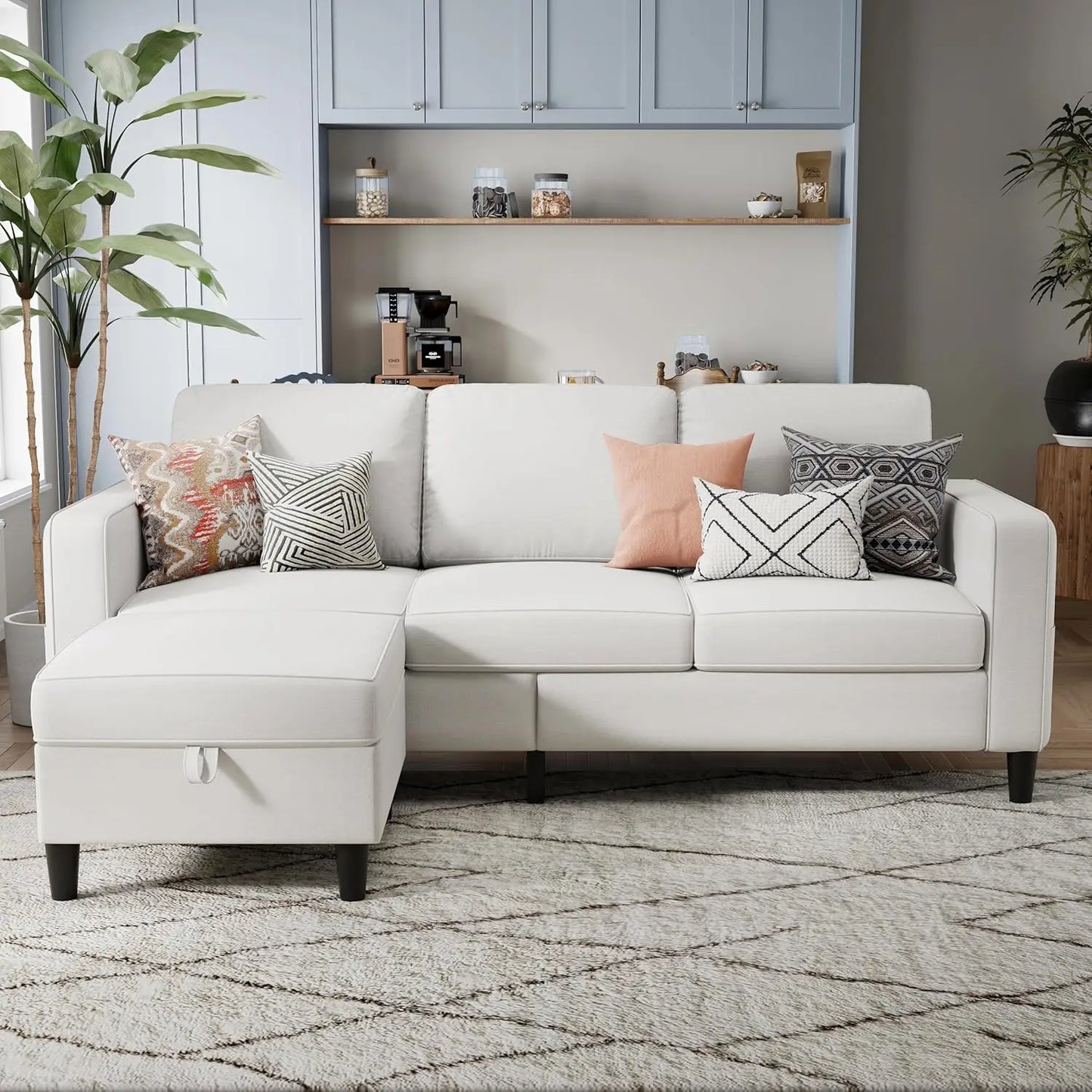 Sectional Sofa Couches, Dark Grey 3 Seat L-Shaped Couch with Storage Ottoman, Comfy Linen Convertible Sectionals