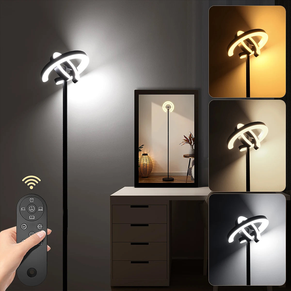 Modern Standing LED Floor Lamp with 2 Rotatable Lights, Remote & Touch Control, Bright Stepless Dimmable, Ideal for Office