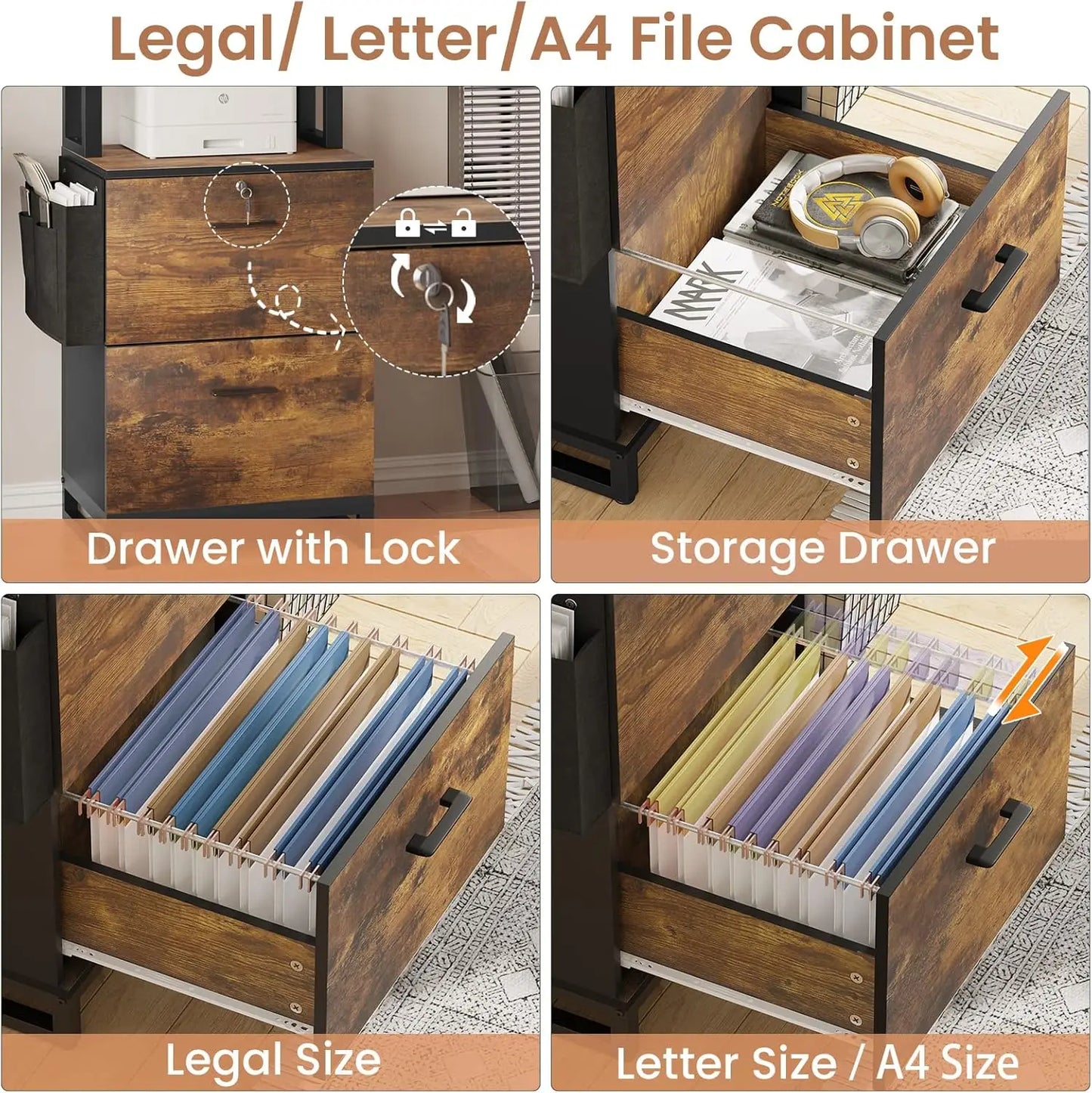 2 Drawer File Cabinet with Lock,Fits Letter, Legal, A4 Size, Hanging File Folders,Adjustable Storage Shelf and Hook,Rustic Brown