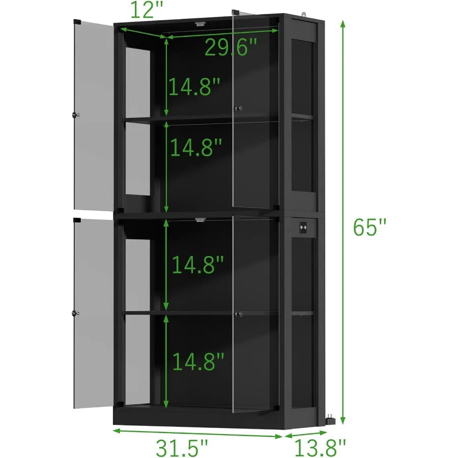 Trophy Case with Glass Doors 4Tier Display Case with Sensor LED Lights Display Cabinet with Shelves for Collectible Black Frame