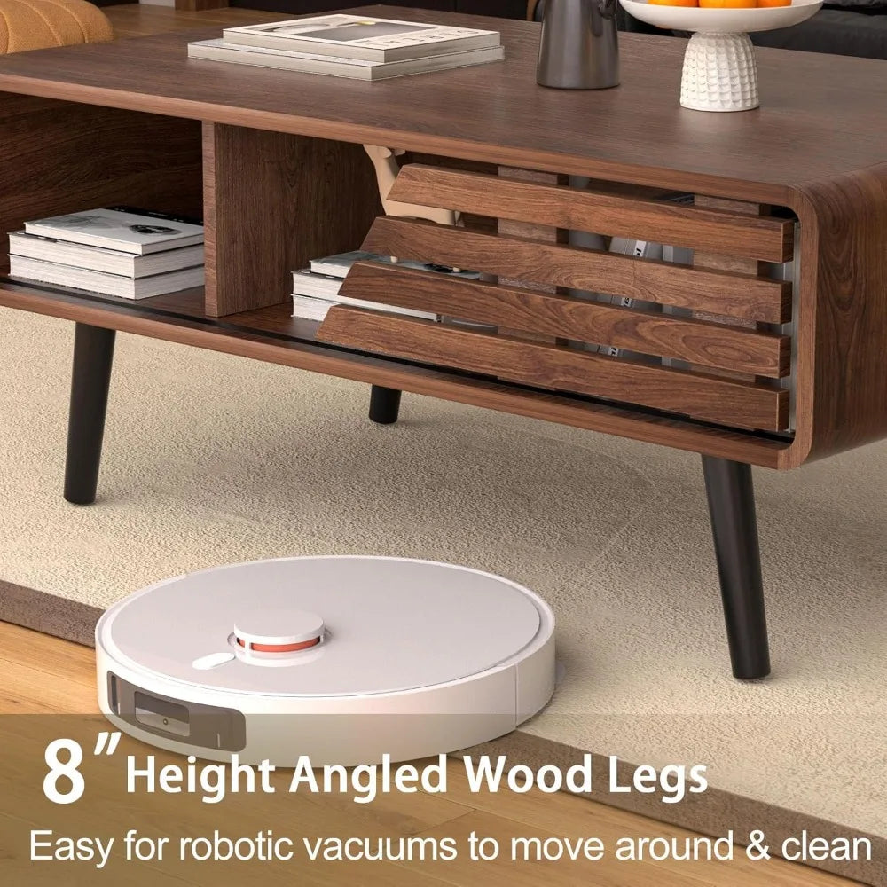 Mid Century Modern Coffee Table - Coffee Table for Living Room, 39.4 Fluted Design with Sliding Door Storage & Open Shelves