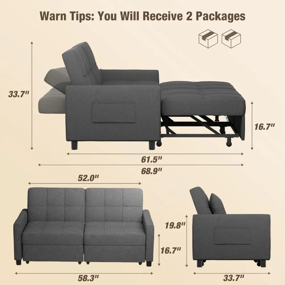 Aiho Pull Out Couch - 58 Loveseat Sofa Bed, Convertible with Separate Ottoman & Adjustable Backrest, 3-in-1 Sleeper for Small Ap
