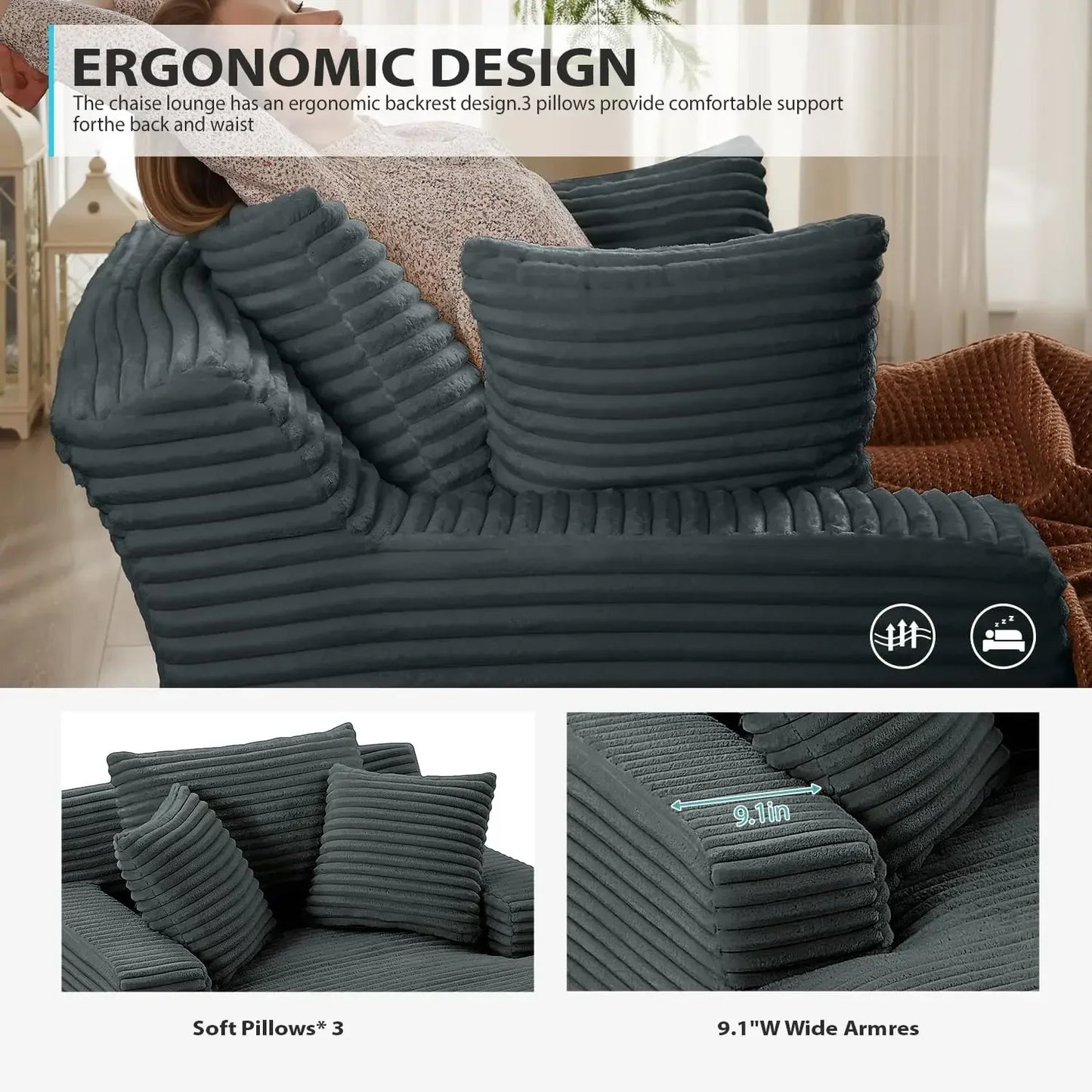 50 Inch Chaise Lounge Chair Indoor, Oversized Corduroy Upholstered Boneless Sofa Bed, Deep Seat Sleeper