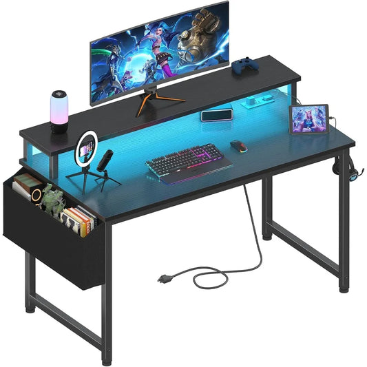 Black Gaming Desk with LED Lights and Power Outlets, 40 Inch Teen Writing Study Table Home Office Desks with Monitor Stand, Com