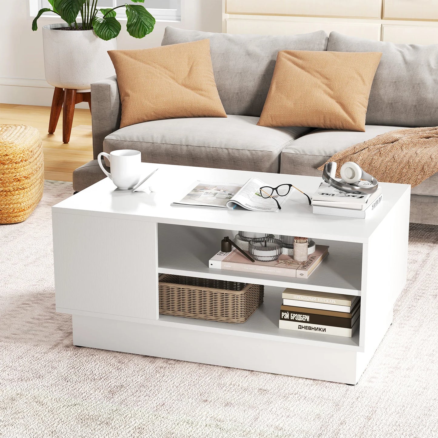 34" Long Rectangle Center Table Coffee Table w/ 2-Tier Open Storage Shelves
