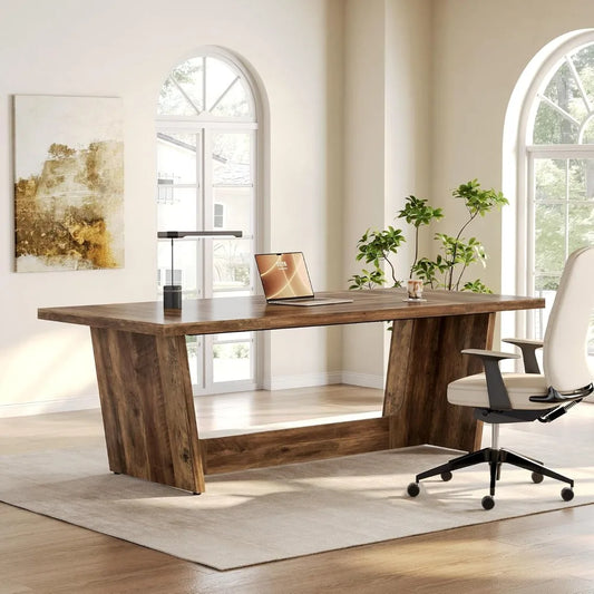 70.87 Inches Long Executive Desk, Brown Wooden Computer Desk, Industrial Simple Study Writing Table