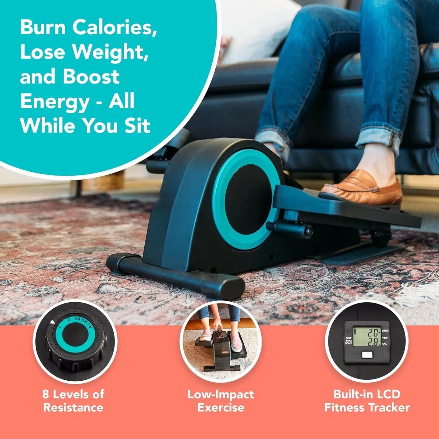 YC-Under Desk Elliptical, Under Desk Bike Pedal Exerciser, Seated Elliptical, Work from Home Fitness, Mini Elliptical Machines