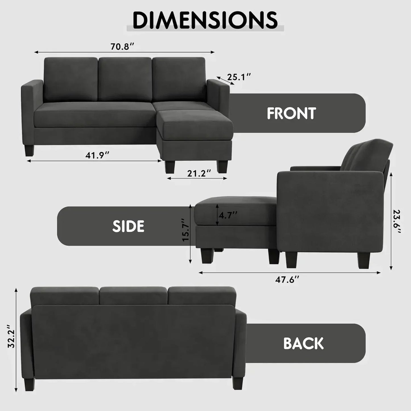 Convertible Sectional 3 L-Shaped Couch Soft Seat with Modern Linen Fabric, Space-saving Sofas