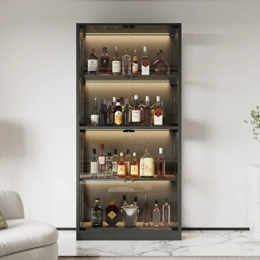 Trophy Case with Glass Doors 4Tier Display Case with Sensor LED Lights Display Cabinet with Shelves for Collectible Black Frame
