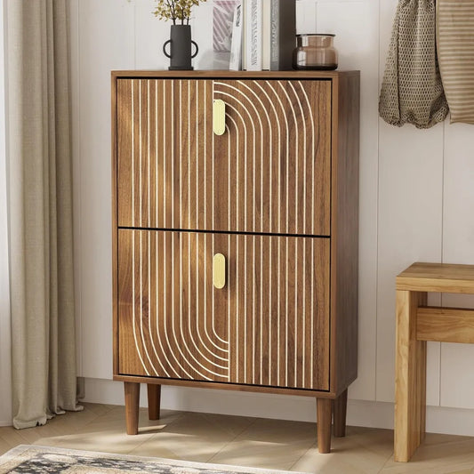 Freestanding Shoe Storage Cabinet with Dual Drawers, 23.6 Wide Metal Handle Shoe Organizer for Entryway and Narrow Spaces