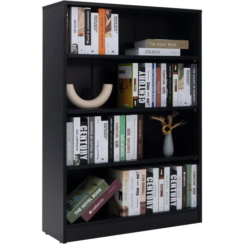 Black Bookshelf for Bedroom 4 Shelf Office Bookcase 48 Inches Tall Modern Wood Bookshelf for Living Room 4 Tier Wide