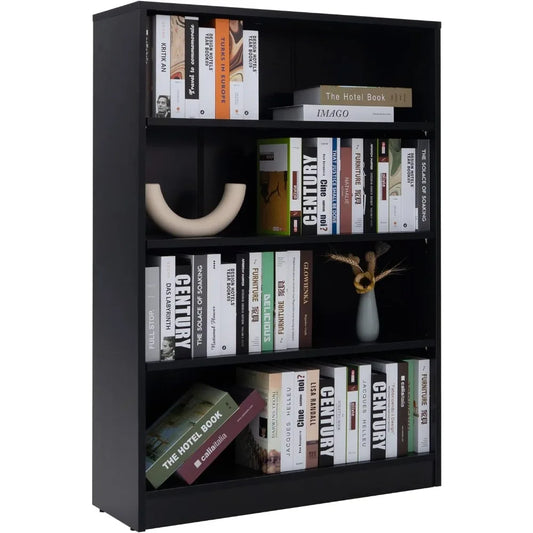 Black Bookshelf for Bedroom 4 Shelf Office Bookcase 48 Inches Tall Modern Wood Bookshelf for Living Room 4 Tier Wide