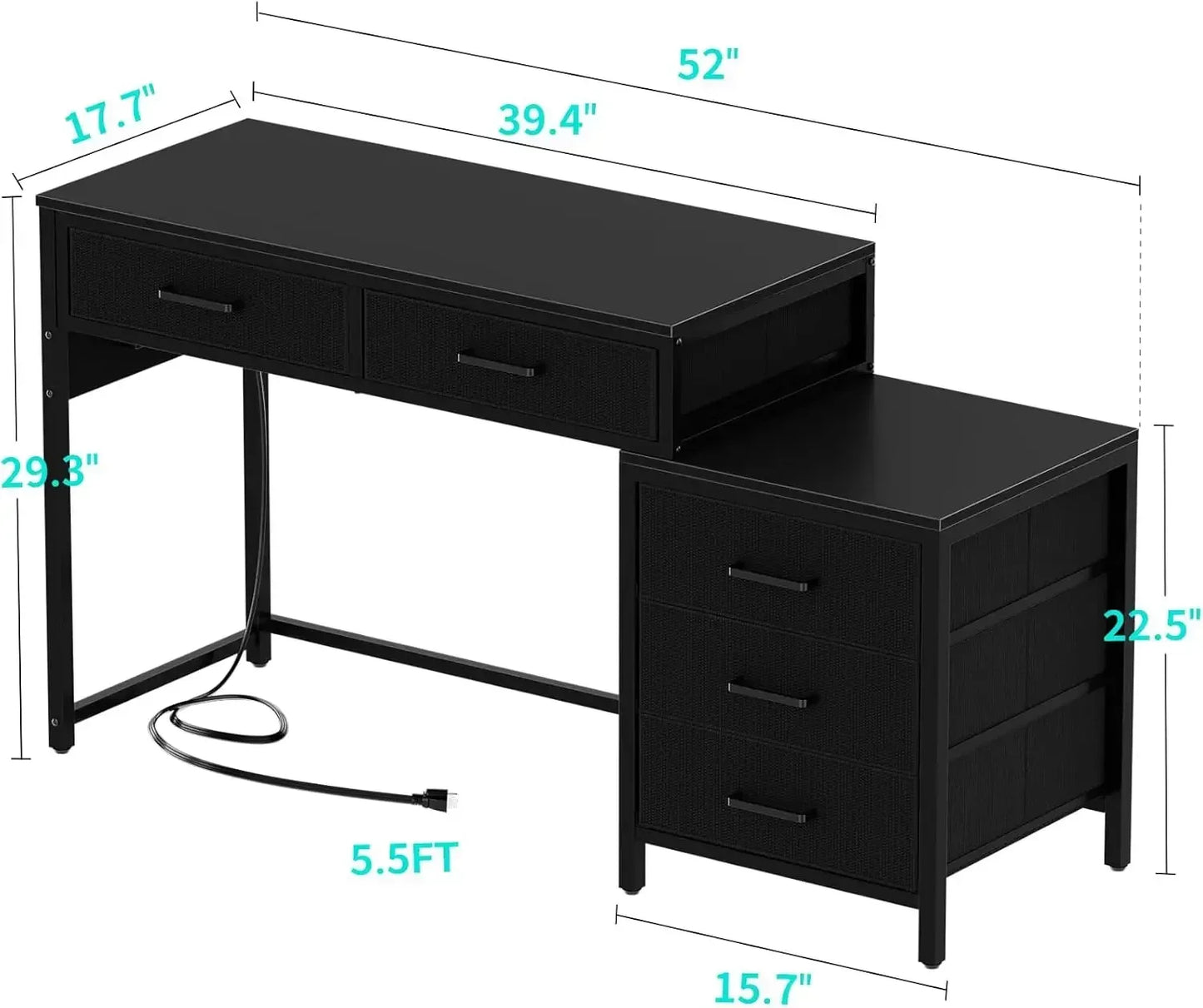 Reversible Computer Desk with 5 Drawers, Sturdy Office Desk with Power Outlets and USB Ports, Corner Writing Table with File