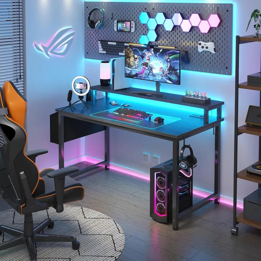 Black Gaming Desk with LED Lights and Power Outlets, 40 Inch Teen Writing Study Table Home Office Desks with Monitor Stand, Com