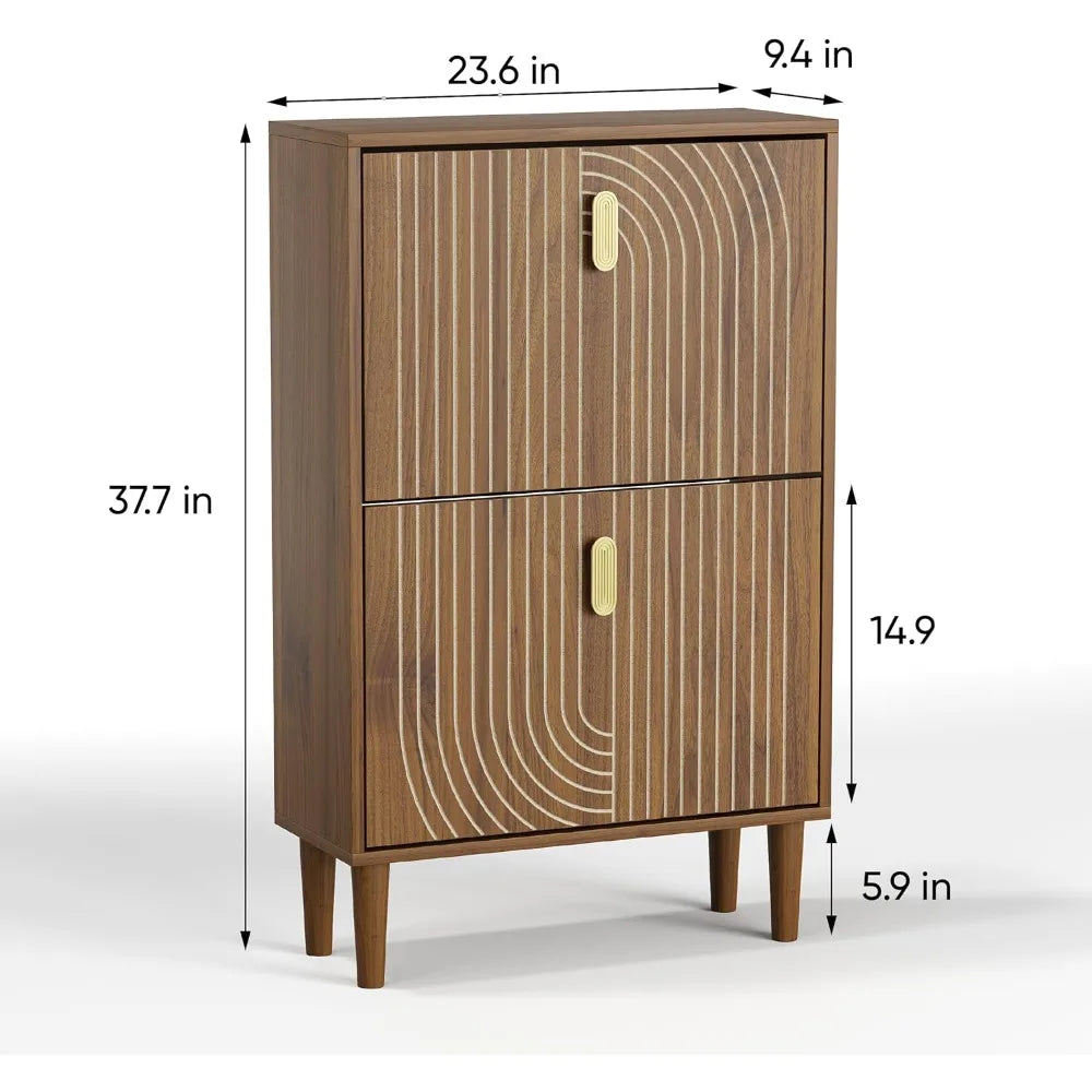 Freestanding Shoe Storage Cabinet with Dual Drawers, 23.6 Wide Metal Handle Shoe Organizer for Entryway and Narrow Spaces