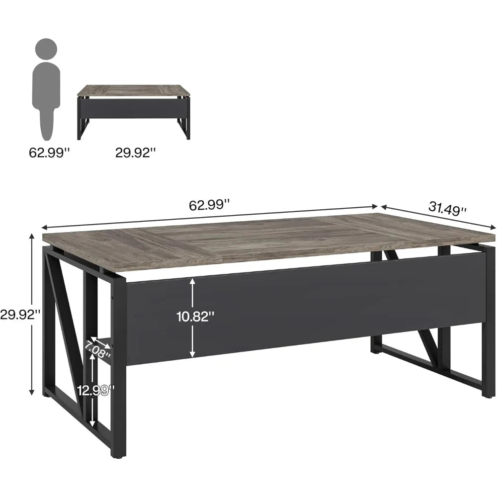 63 inches Computer Desk with Bottom Storage Shelf Home Office Desk Writing Table for Workstation,Dark Walnut + Steel Leg， Cabin