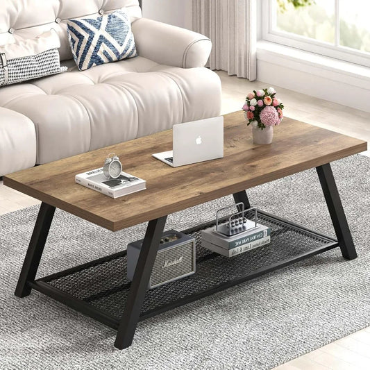Coffee Table, Modern Rustic Wood and Metal Center Table with Storage, Industrial Cocktail Tea Table for Living Room, Oak
