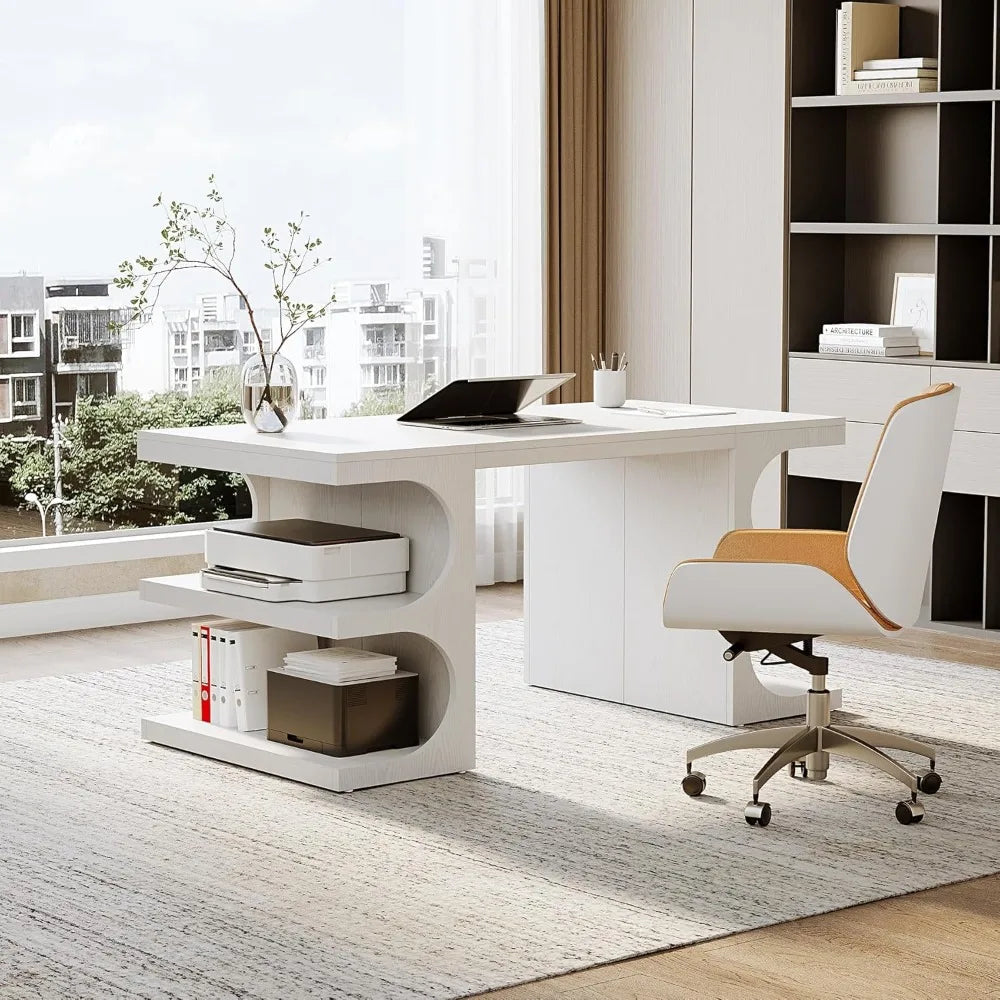 62.2-Inch Executive Desk, Modern Home Office Desks, Office Table with Storage Shelves for Workspace, Large Computer Desk, Long