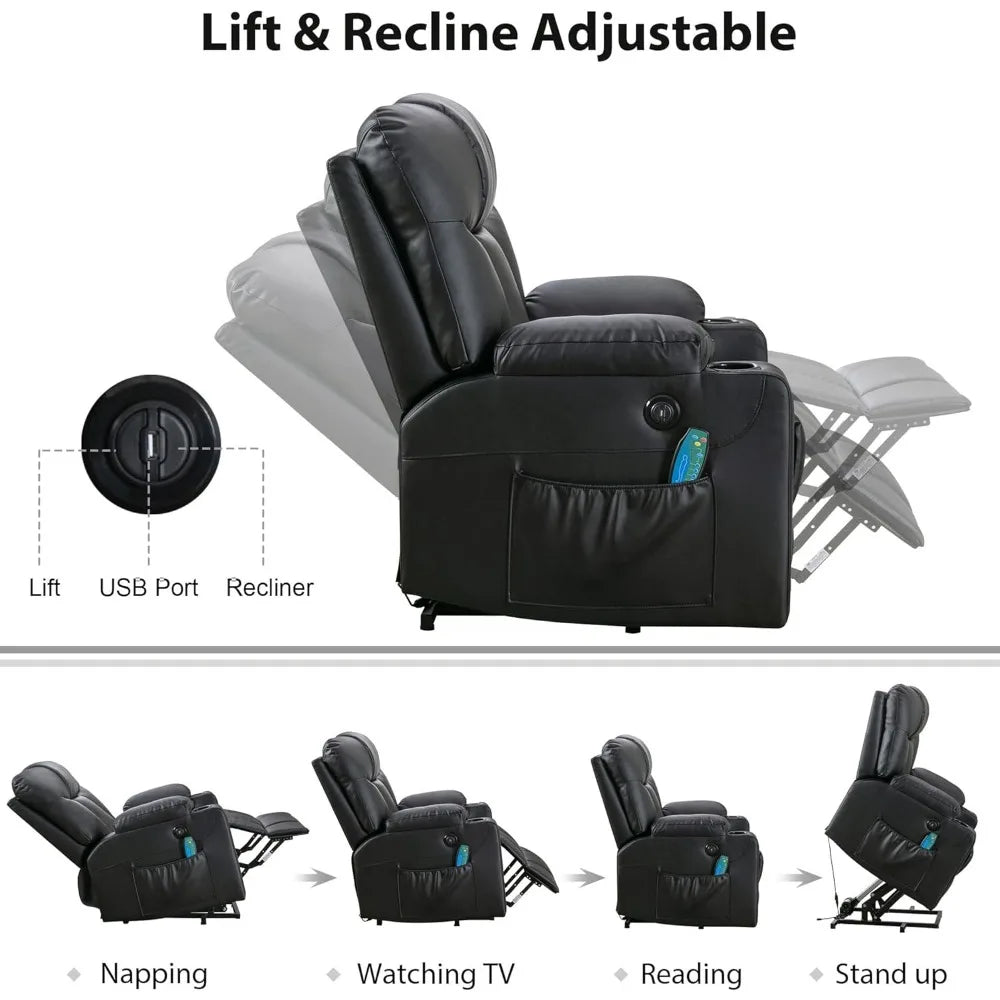 26" Extra Wide Lift Chair with Heat and Massage, Faux Leather Power Lift Recliner Massage Chair for Adults Elderly,