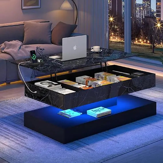 Large Lift Top Coffee Table with Charging Station, LED Modern High Glossy Center Table with Hidden Compartment Storage