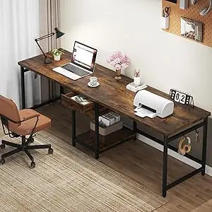 two person desk, 79 inch double desks with 2 drawers, large computer desk long desks with storage shelves, writing table study